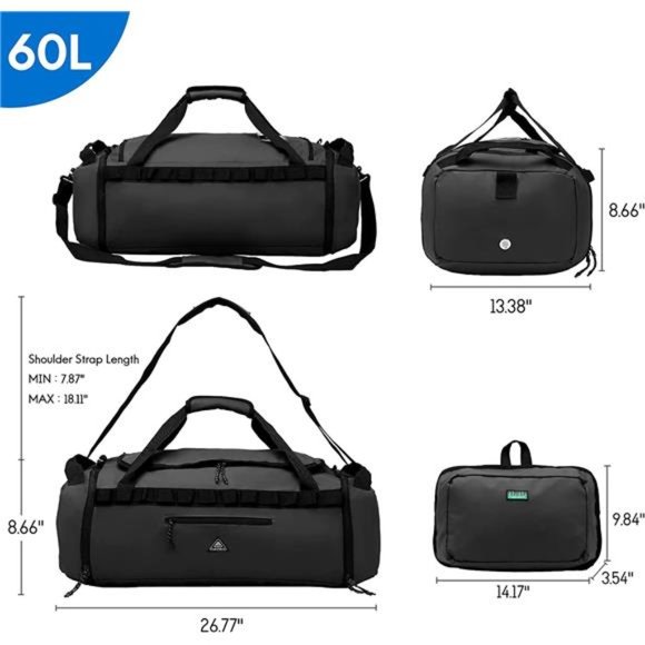Foldable Duffel Bag Backpack with Shoe Compartment Water Resistant, 50L, Black main image 5